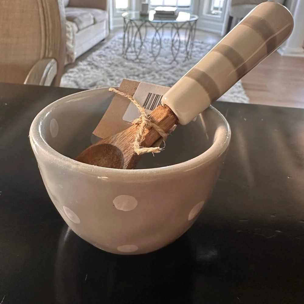 Mud Pie Gray and White Bowl with Wooden Spoon - Picture 4 of 4